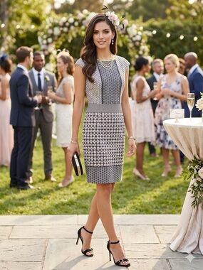Maggy London Gray and Black Patterned Cap-Sleeve Sheath Dress